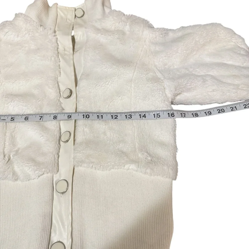 Y2K Dérotchild Faux Fur Bomber Jacket Ivory White Puff Sleeve Ribbed Hem Small - Picture 7 of 9